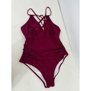 Charmo Womens Burgundy Ruched Halter One Piece Swimsuit Strappy Wine Red Sz XL